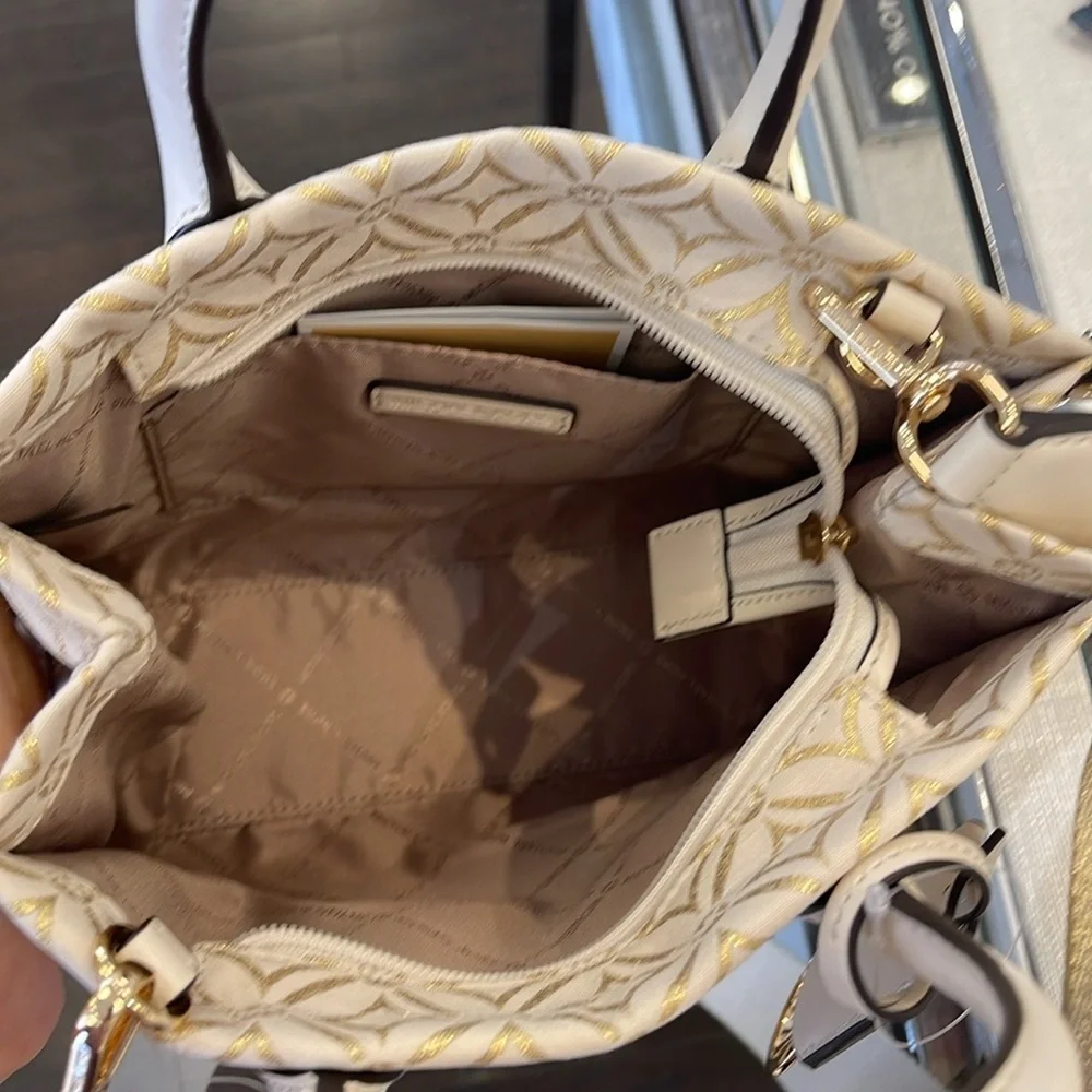 Michael Kors Mirella Small Metallic Logo Jacquard Crossbody Bag
Light Cream 
NWT - Picture 11 of 16